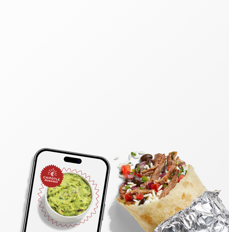 Freshly made Tortilla Chips, a side of Free Guac when you sign up for Chipotle Rewards, and a Barbacoa Burrito.
