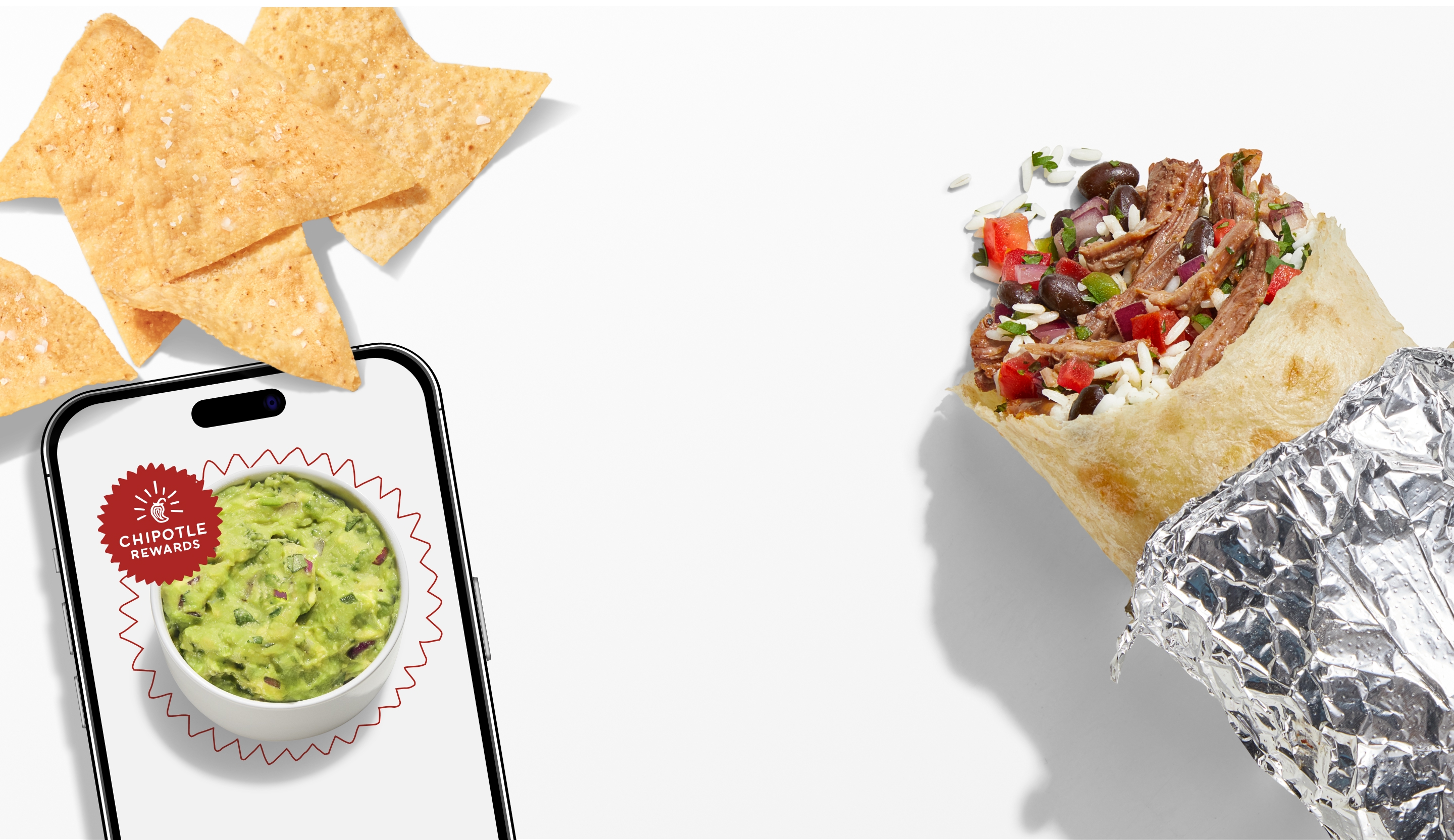 Freshly made Tortilla Chips, a side of Free Guac when you sign up for Chipotle Rewards, and a Barbacoa Burrito.